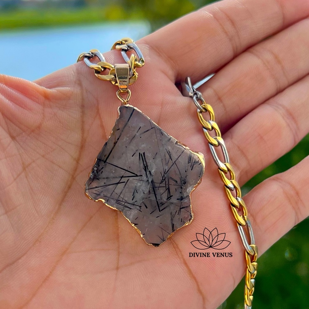 Tourmalinated Quartz Necklace - Black Tourmaline & Quartz Stainless Steel Chain